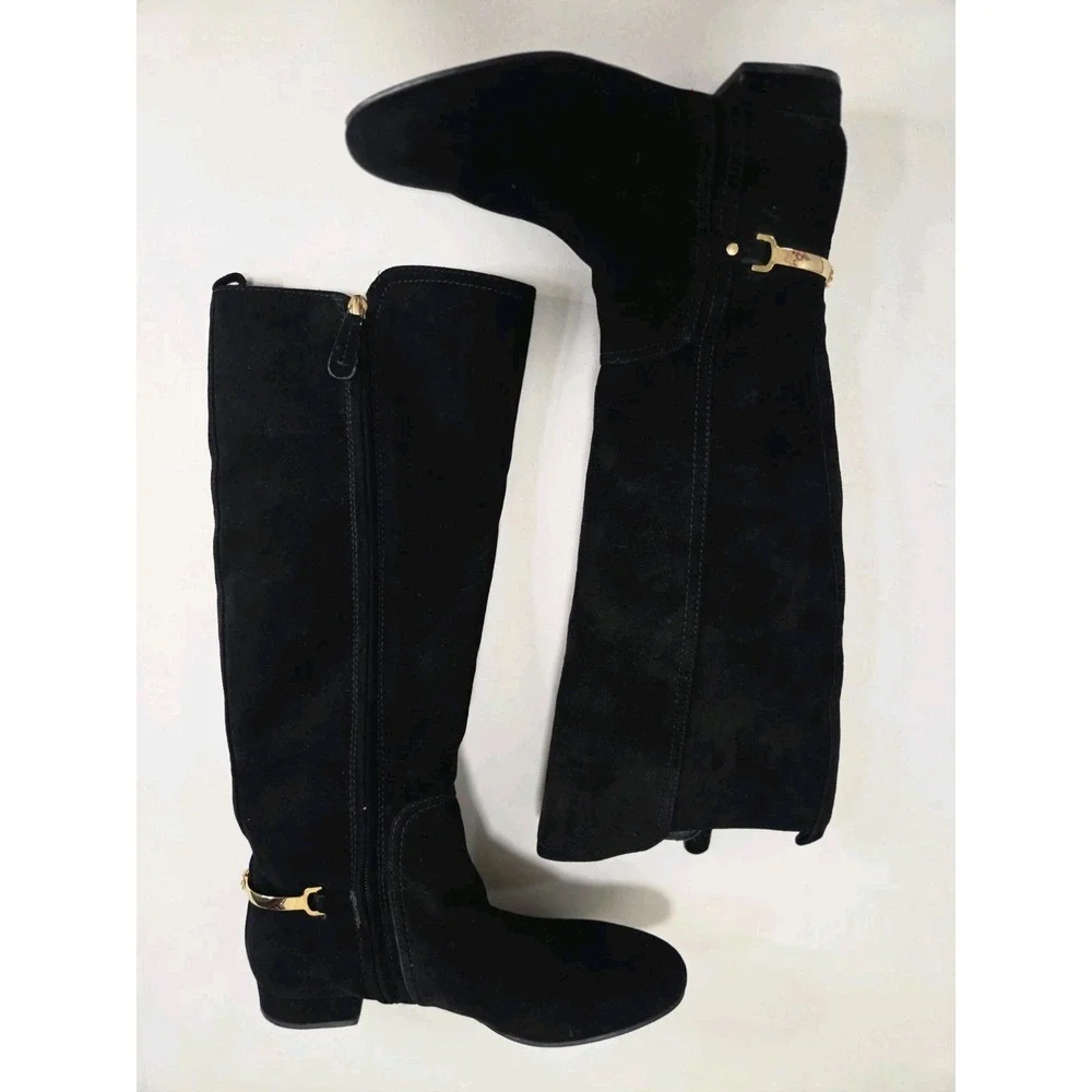 Tory Burch Black Suede Riding Boots Gold Logo Hardware Women's Size 8M Knee High